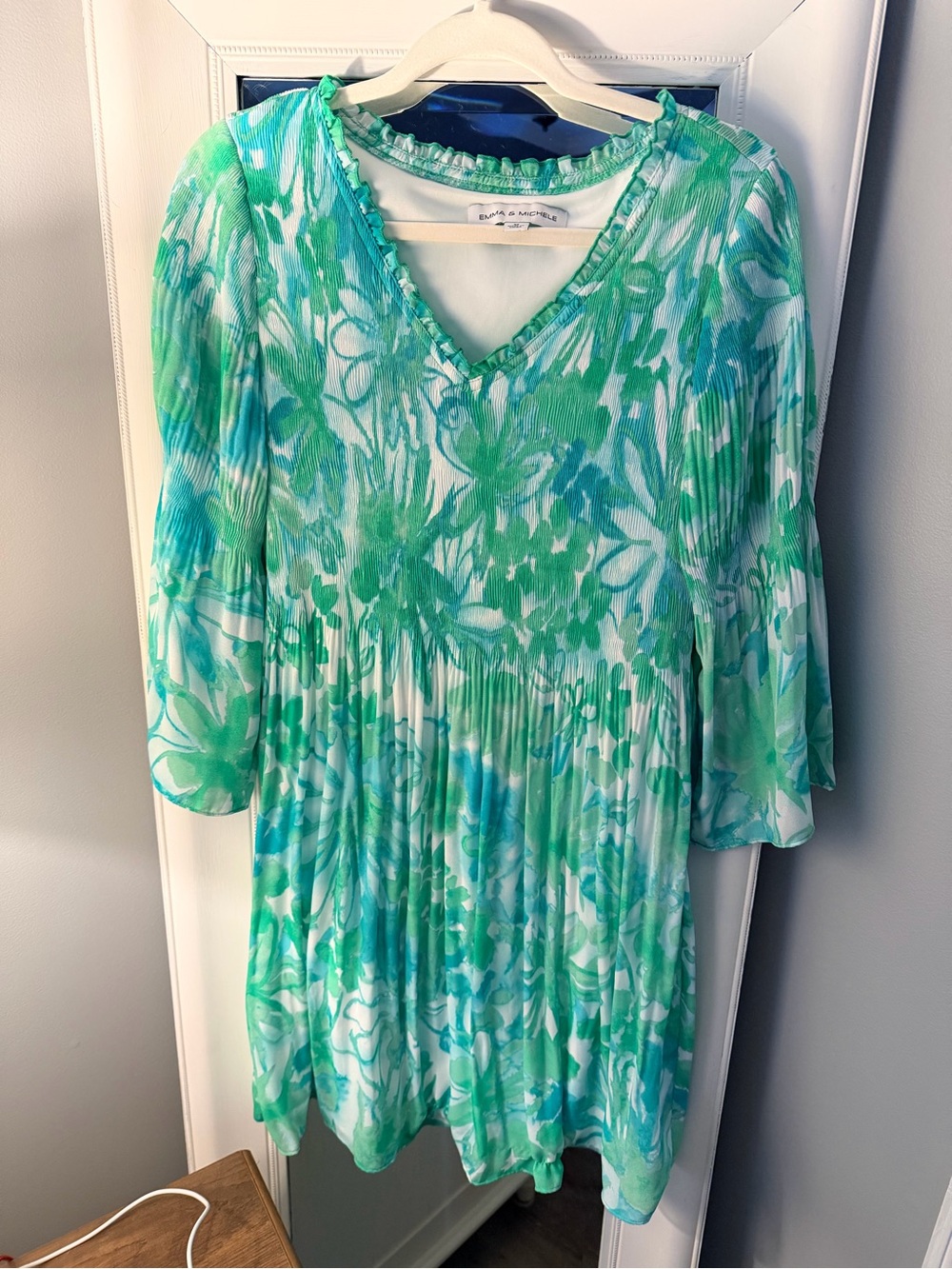 Womens Green and blue lined Floral V-Neck Dress